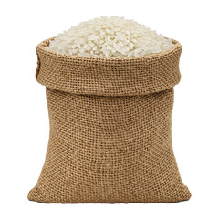 white rice in burlap sack natural food harvest grain isolated on white