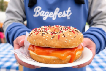 Vendor holding glazed donut bagel sandwich at bagelfest