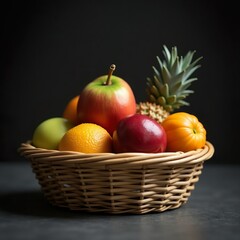 Artificial fruits lie in a wicker basket. Still life with dark lighting. Background