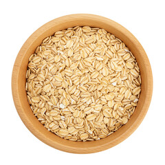 oat flakes  in wooden bowl healthy food grain isolated on white top view 