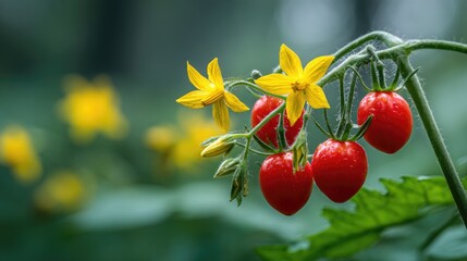 Obraz premium Close-up of vibrant yellow flowers and ripe red tomatoes on a plant.