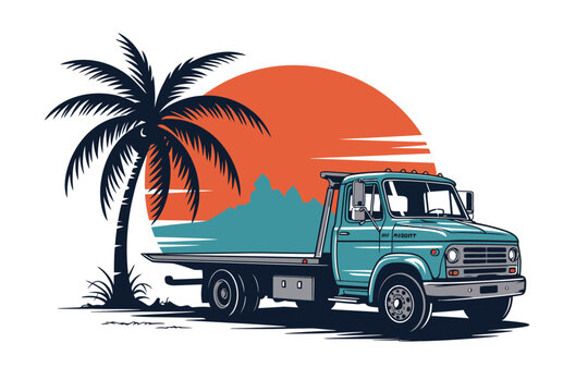 Retro Tow Truck Illustration – Turquoise Flatbed with Palm Tree and Sunset Mountain Scene
