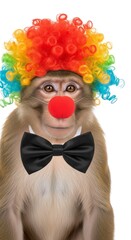 A monkey dressed as a clown with a colorful wig, red nose, and bow tie. Humorous and surreal animal portrait on white background