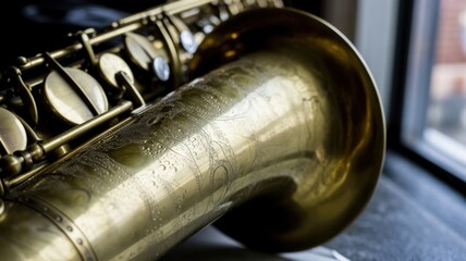 Close-up view of a brass saxophone with intricate details and water droplets