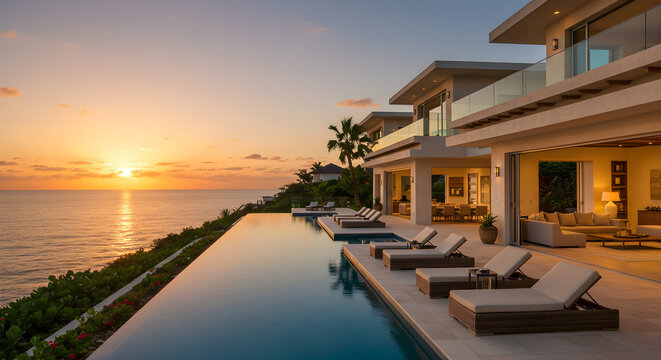Luxurious beachfront villa at sunset, infinity pool, ocean view, elegant design. - Powered by Adobe