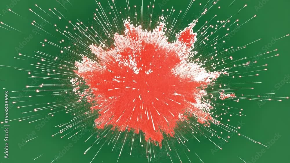 Poster red particles explosively expanding and pulsating against vibrant green screen background, generatin