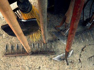 A collection of gardening tools resting on rough terrain, including rakes, shovels, and a broom,...