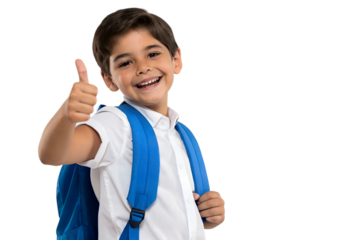 Upbeat Student on a Journey of Education: A young schoolchild, radiates pure joy and excitement, giving a thumbs-up to express his enthusiastic readiness for learning. A symbol of a new beginning.