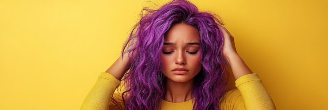 Young Woman with vibrant purple hair on yellow background. Epilepsy awareness, Purple Day concept