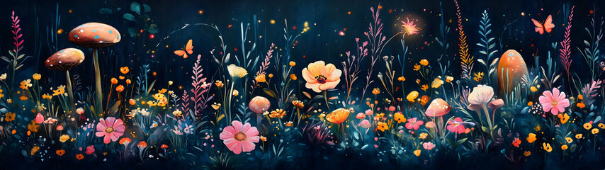 Naklejka premium Enchanted Mushroom Forest Floor at Night - Magical Landscape