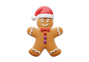 Isolated Gingerbread Man Wearing Santa Hat and Bowtie