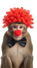 A monkey dressed as a clown with a colorful wig, red nose, and bow tie. Humorous and surreal animal portrait on white background