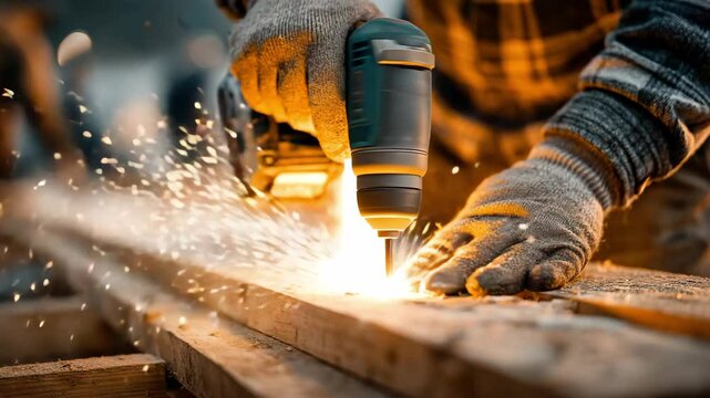 Crafting mastery shines through skilled hands in a dynamic woodworking project at dusk