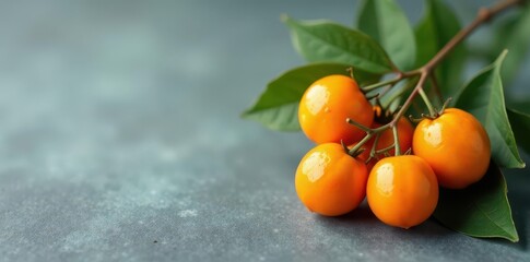 Cluster of vibrant orange kumquats with fresh green leaves against a muted gray backdrop , citrus, orange
