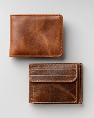 high-quality leather wallet closed and open, clean flat lay