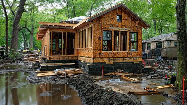 Construction site of a new house in progress, with muddy ground and reflecting water.
