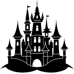 Majestic Fairytale Castle Silhouette with Towers and Spires Icon for Fantasy Kingdoms, Medieval Architecture, Magical Storybooks, and Enchanted Vector Illustrations in Black and White Theme
