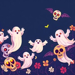 Obraz premium Festive ghosts and sugar skulls with plants and insects Halloween theme