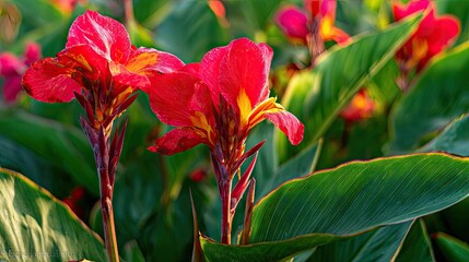 Close-up view of vibrant red canna lilies with lush green foliage.