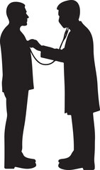 Silhouette shows a doctor examining patient with stethoscope during consultation and medical checkup in a health clinic.