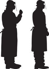 Black silhouette of two workers with protective gear against white background