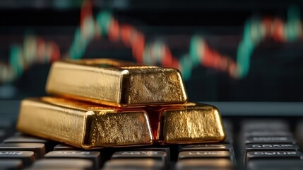 gold bars stacked on a trading platform with fluctuating market graphs in the background