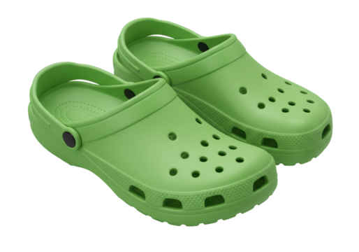 Isolated Pair of Green Clogs with Holes and Textured Soles