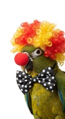 parrot dressed as a clown with a colorful wig, red nose, and bow tie. Humorous and surreal animal portrait on white background