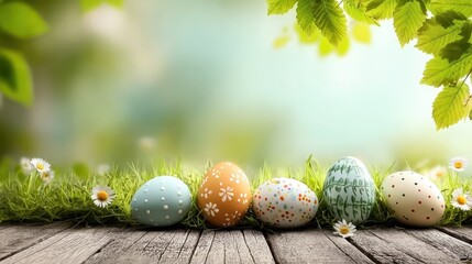 Five painted Easter eggs celebrate Happy Easter on a spring day with a green meadow of grass, bright sunlight, tree leaves