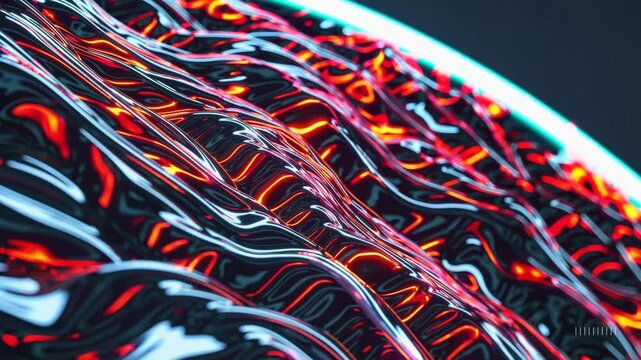 Futuristic abstract surface with glowing red and blue neon waves and glossy reflective textures.