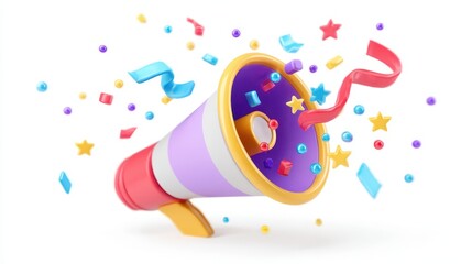 Party popper with explosion confetti. Birthday surprise. Megaphone with holiday news and events.
