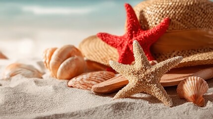 The summer concept of a sandy beach, straw hat, shellfish and starfish