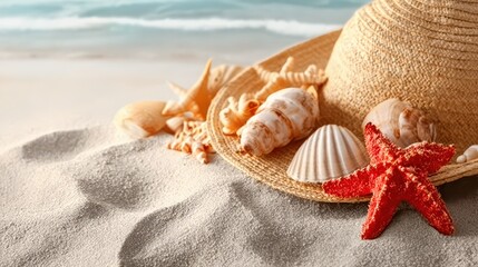 The summer concept of a sandy beach, straw hat, shellfish and starfish