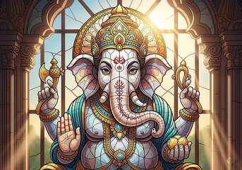 Fototapeta premium Colorful Lord Ganesha Illustration – Artistic Hindu Deity Portrait, Lord Ganesha, styled in a famous art tradition with rich textures and bold color palettes.