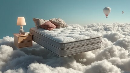 Advertising - testimonial photo of floating mattress in clouds