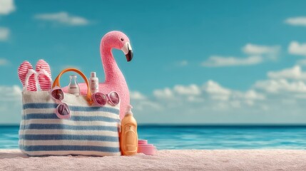 Beach bag with accessories and cute inflatable flamingo on a tropical beach, summer vacations and travel concept