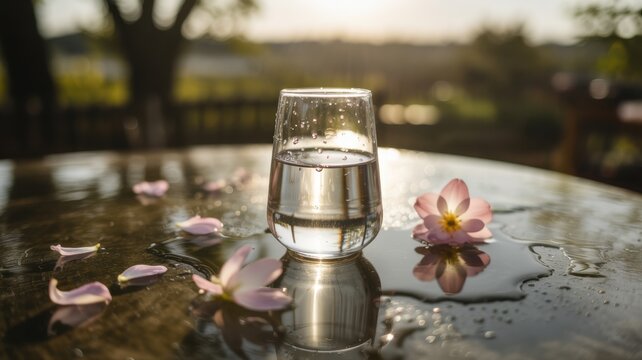 Glass of water on wet table with pink flowers in sunlit garden setting