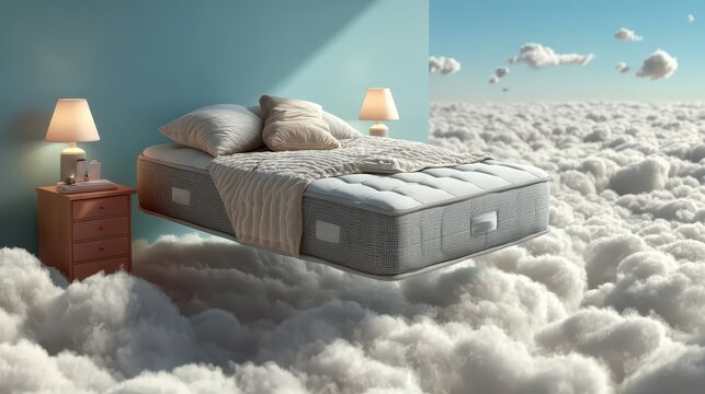 Advertising - testimonial photo of floating mattress in clouds