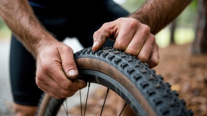 Male repairing bicycle tire in forest setting with close-up on hands and muddy surface