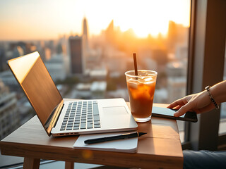 A modern laptop on a wooden table with a notepad, iced coffee and smartphone beside it. 