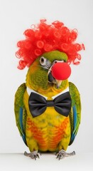 parrot dressed as a clown with a colorful wig, red nose, and bow tie. Humorous and surreal animal portrait on white background