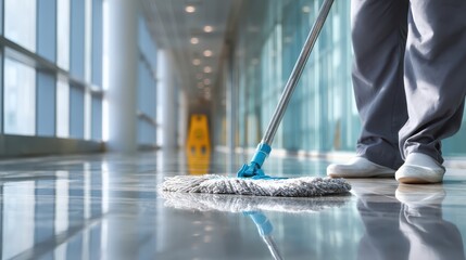 janitor mopping shiny floor in empty office