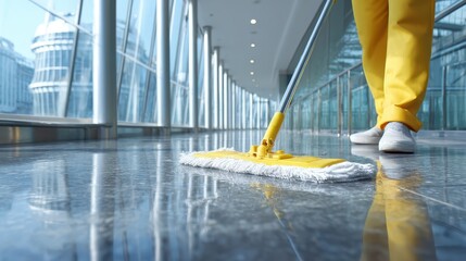 janitor mopping shiny floor in empty office