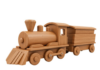 Isolated Wooden Toy Train with Carved Details