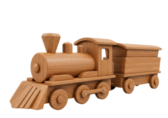 Isolated Wooden Toy Train with Carved Details