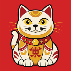 Traditional Japanese lucky cat (Maneki-neko), vector, gold and red colors.eps