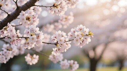Close-up of blooming cherry blossom trees in spring background 