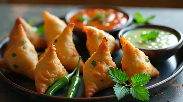 Traditional Indian samosas served with green and red chutneys on dark plate &mdash; spicy vegetarian snack made with natural ingredients, perfect for street food, parties, and plant-based diets