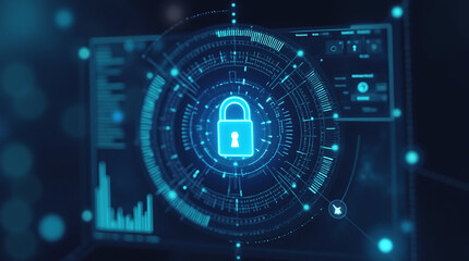 touchscreen interface with cybersecurity dashboard, padlock icons, data stats, futuristic GUI design