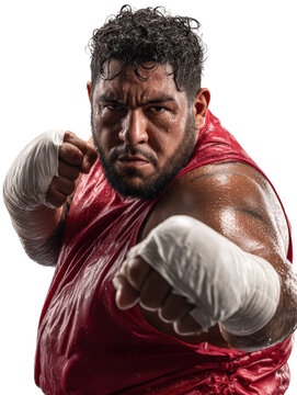 Sweat-glazed Hispanic heavyweight boxer mid guard exuding grit isolated